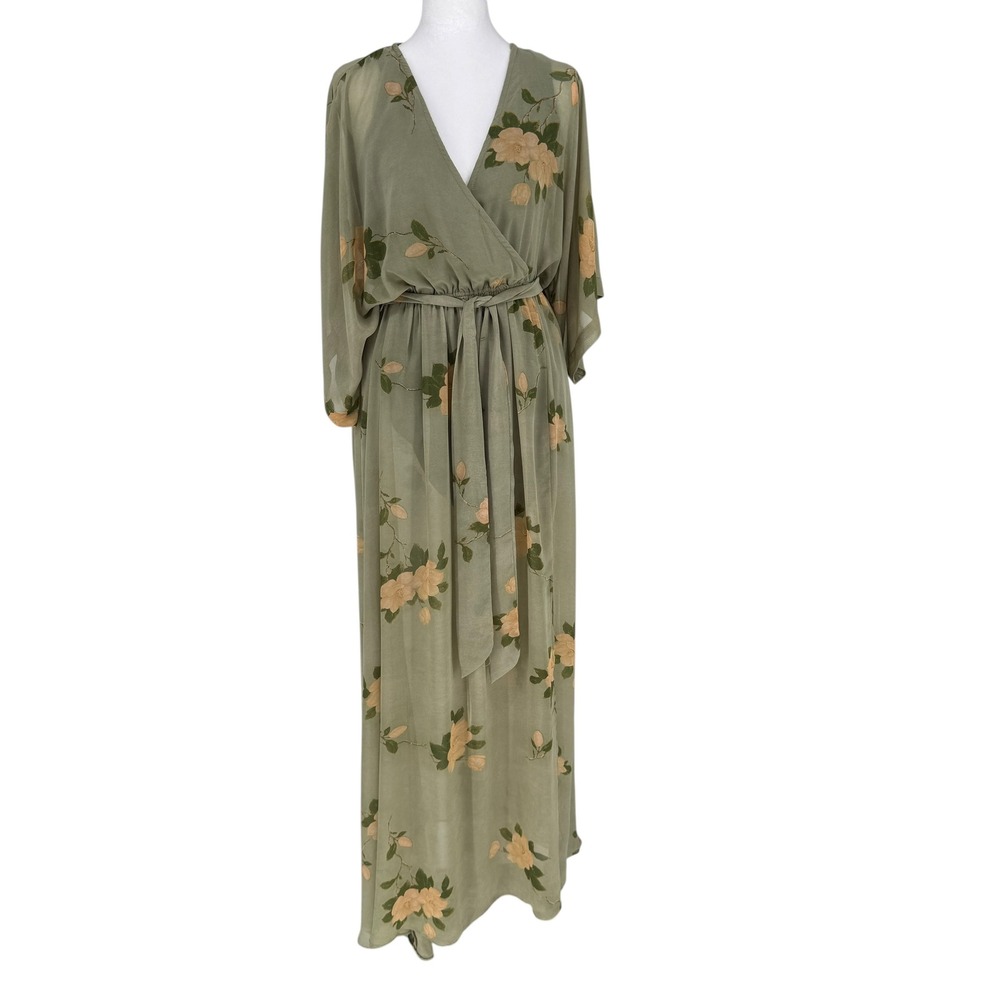 Baltic Born Maxi Dress Size M Kimono Sleeve Boho V-Neck Green Faux Floral Wrap